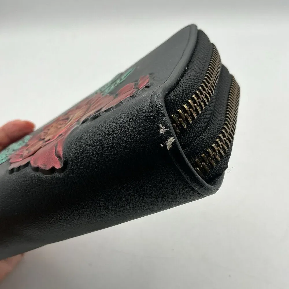 Anuschka Double Zip Faux Leather Floral Organizer Wallet Clutch Black Painted